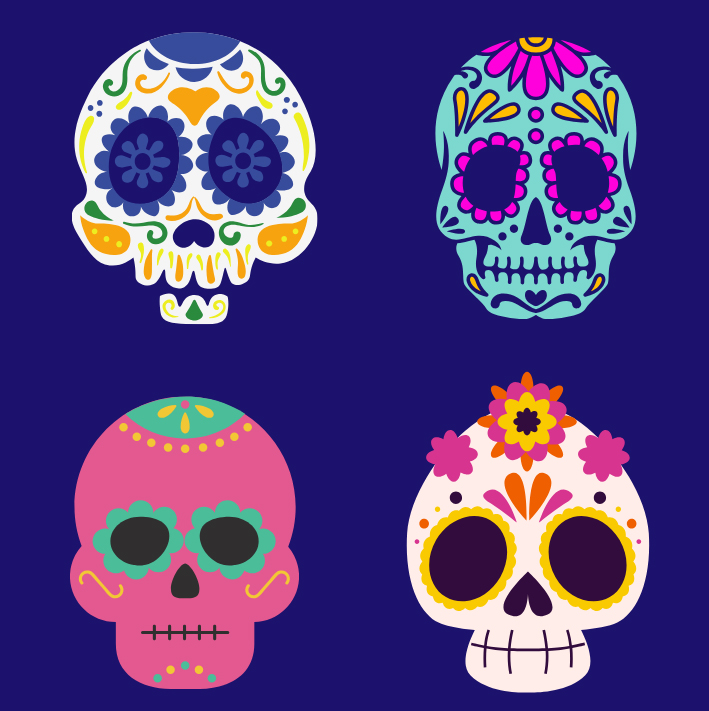 Colorful array of Mexican sugar skulls.