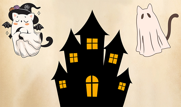 Silhouetted haunted house with glowing orange windows, with a witch cat floating on one side and a ghost cat floating on the other, on an aged-paper background.