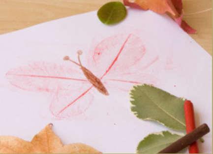 Butterfly art with the wings made from leaf rubbings.