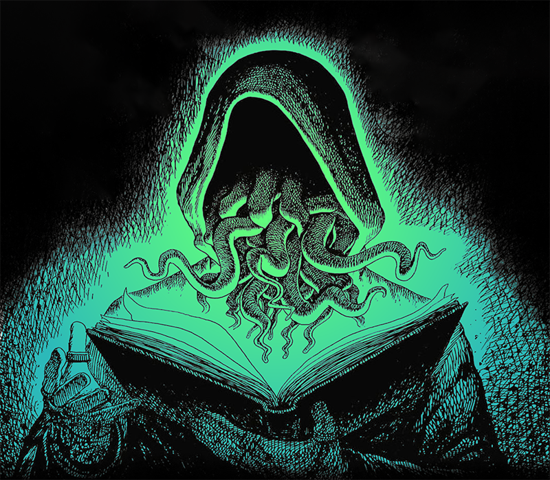 A hooded creature with tentacles for a face reads an open book by glowing green light.