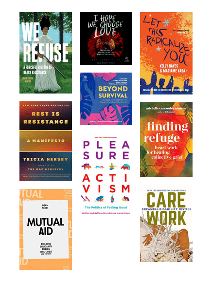 Covers of books about activism and communities.