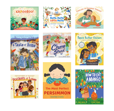 Covers of picture books about food across countries and cultures, with a variety of kids, families, and foods pictured.