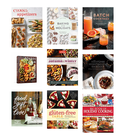 Covers of cookbooks, many of them focused on holidays, hosting, or winter cooking.