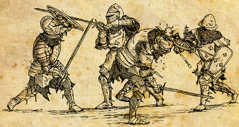 Line drawing of armored knights fighting with swords.