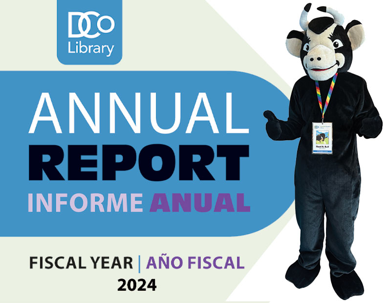 Annual Report 2024 / Informe Anual - Año Fiscal 2024. The costumed Read A Bull mascot points their thumb at the text.