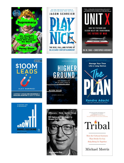 Covers of books about business and technology, many with serious text-only designs, one with a full-bleed vintage photo of Bill Gates.