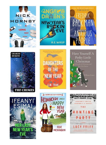 Covers of books with a New Year theme, with authors including Nick Hornby, Fredrik Backman, Charles Dickens, and more.