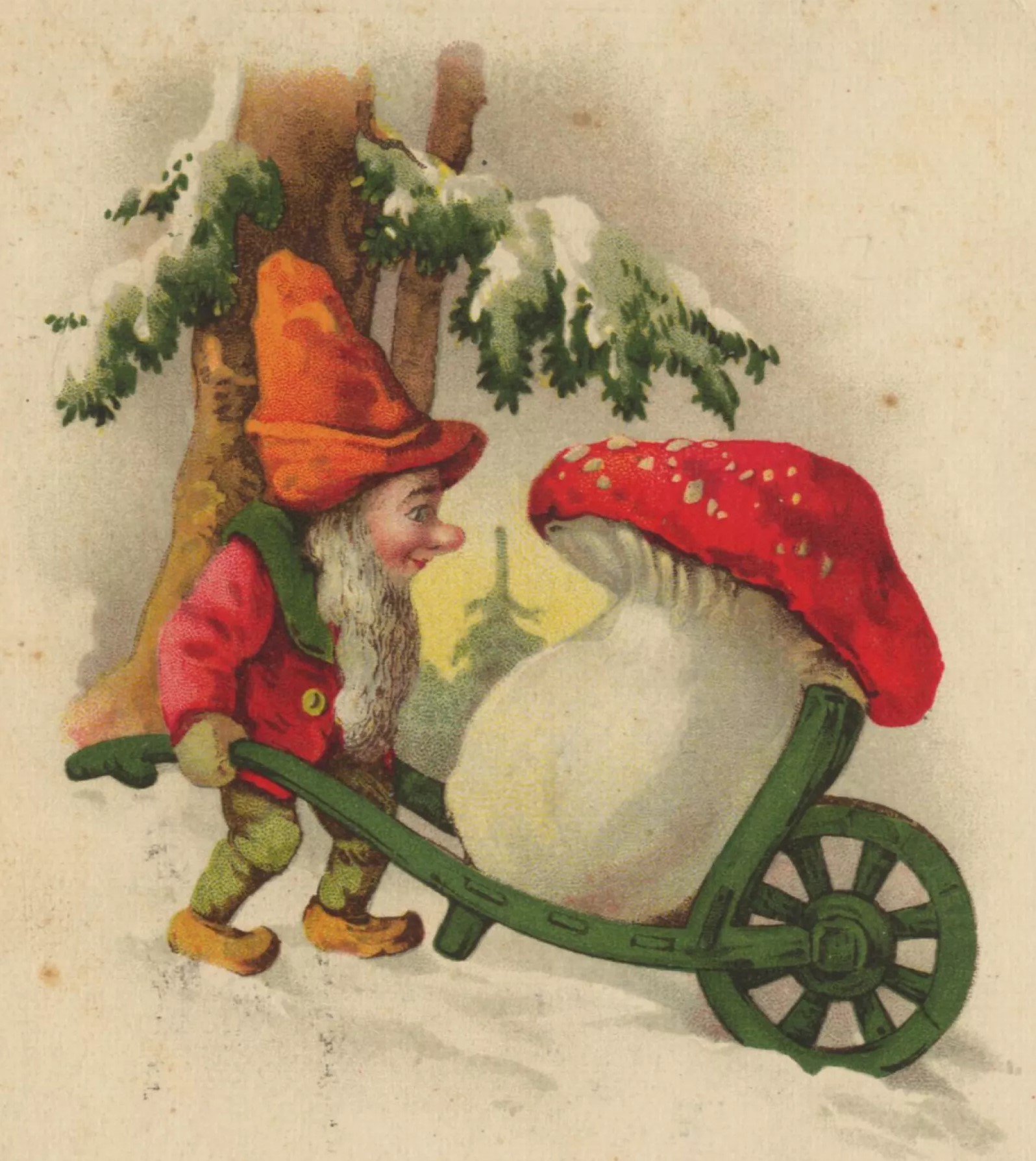 Illustration of a gnome wearing a red coat and hat, pushing a little green wheelbarrow with a large red-capped mushroom in it through a snowy forest. The mushroom is about as big as the gnome.