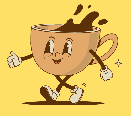 Smiling animated coffee cup, walking jauntily with coffee splashing upward and giving a thumbs up.