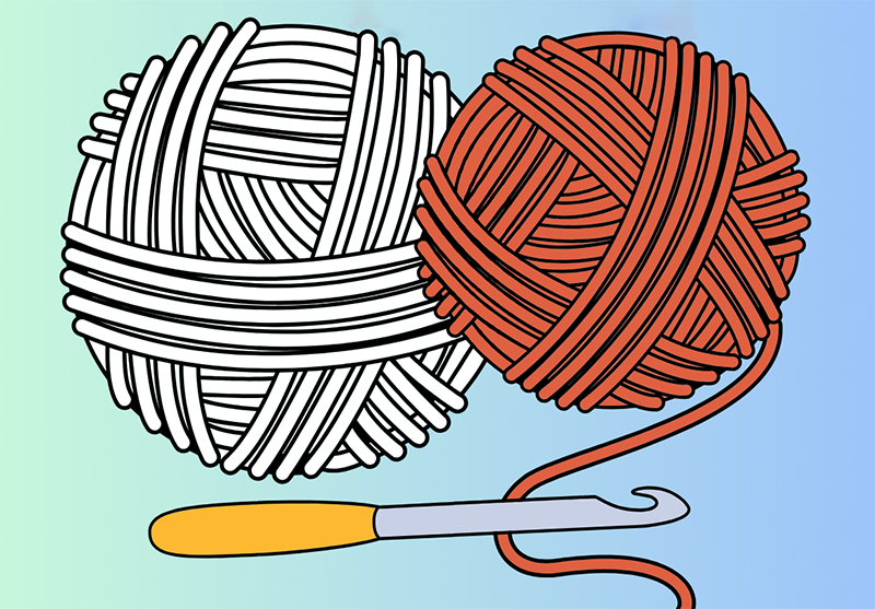 Two illustrated balls of yarn, one white and one orange-brown, with a crochet hook.