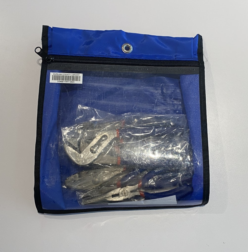 Blue zippered bag with a clear front, showing assorted pliers wrapped in plastic inside.