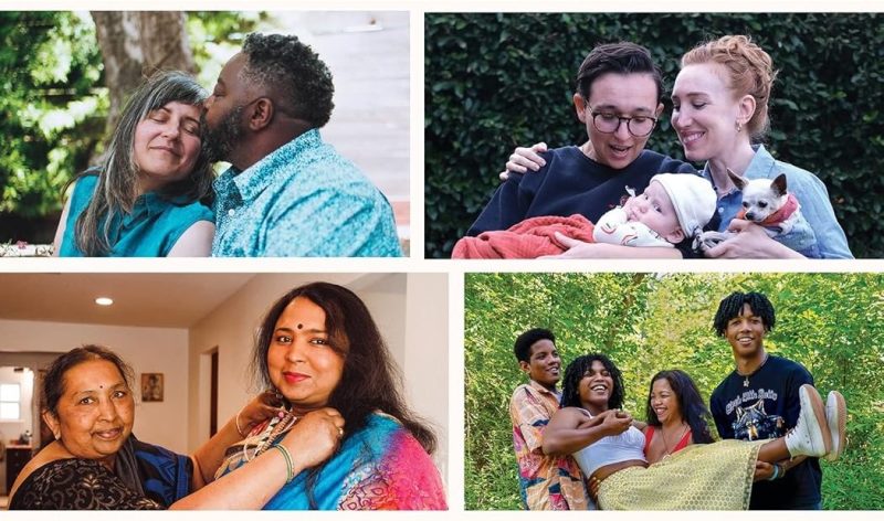 Photos of trans and nonbinary people of many races and cultures in loving situations with their parents, partners, children, and siblings.