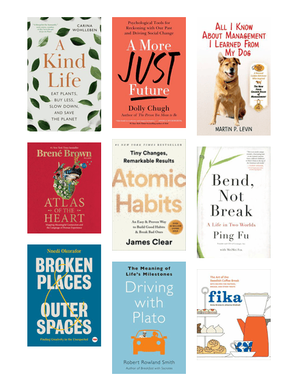 Covers of books including A Kind Life, A More Just Future, All I Know About Management I Learned From My Dog, and more.