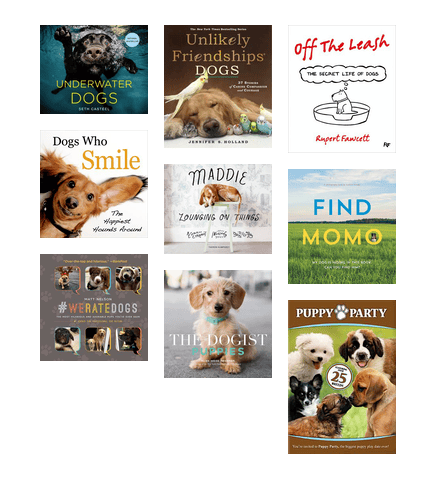 Covers of nonfiction books featuring stories of good humans, adorable pets, and beautiful places.