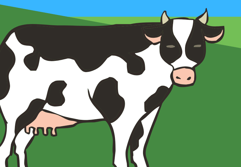 Cheery illustrated black-and-white Holstein cow on a bright green hill under a bright blue sky.