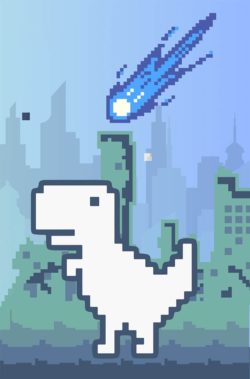 An awesome pixel-art T Rex standing in front of a city skyline with a meteor approaching from above.