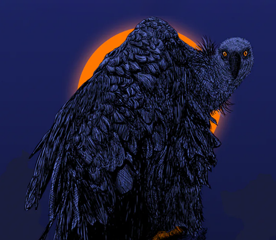 A sinister picture of a vulture, hunched over and looking forward with glowing orange eyes, in front of a full orange moon.