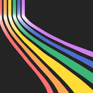 A 1980s-styled rainbow bending like a ribbon across a black background.