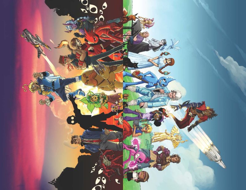 Cover art of the Two-Sided Tales anthology. On the left side is a group of mostly sinister-looking characters against a dramatic sunset sky with backlit shapes in the background covered with eyes. On the right side is a group of mostly friendly-looking characters on a green hill in front of a blue sky.