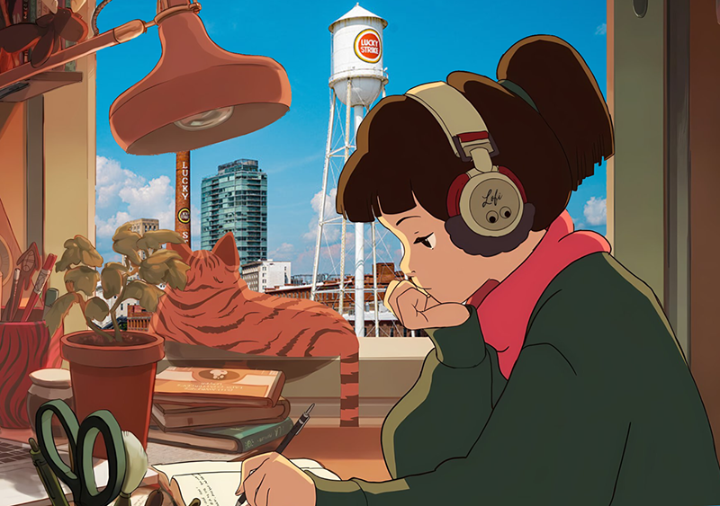 Anime-style image of the Lofi Girl from YouTube, wearing headphones and writing in a notebook with other books and supplies on her desk. A striped orange cat sits in the windowsill behind her looking out over the Durham skyline.