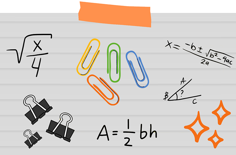 Cheerful clipart paper clips and various algebra and trigonometry problems on a lined notebook paper background.