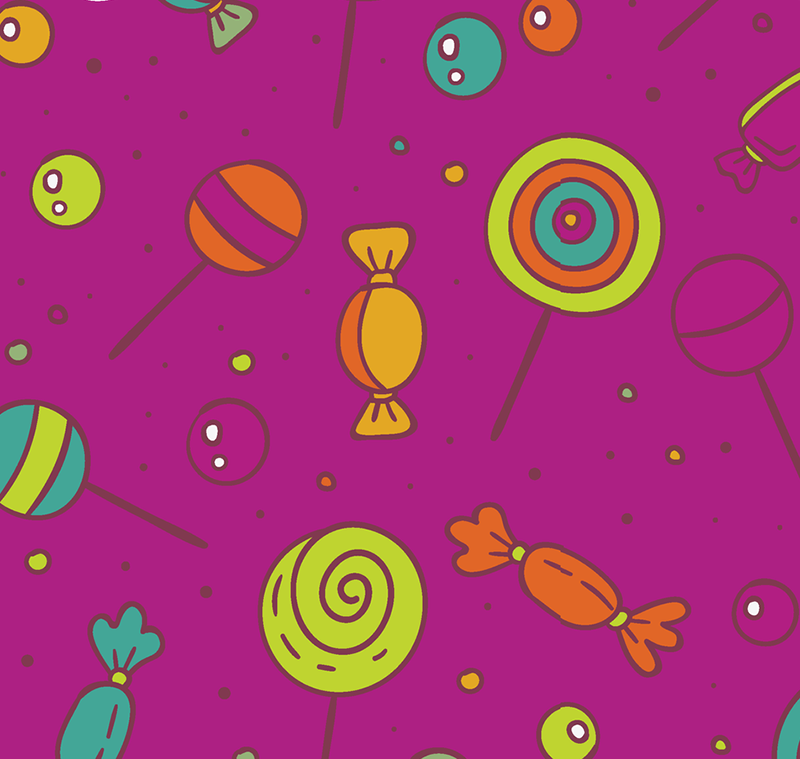 Lots of appealing cartoon candy floating on a magenta background.