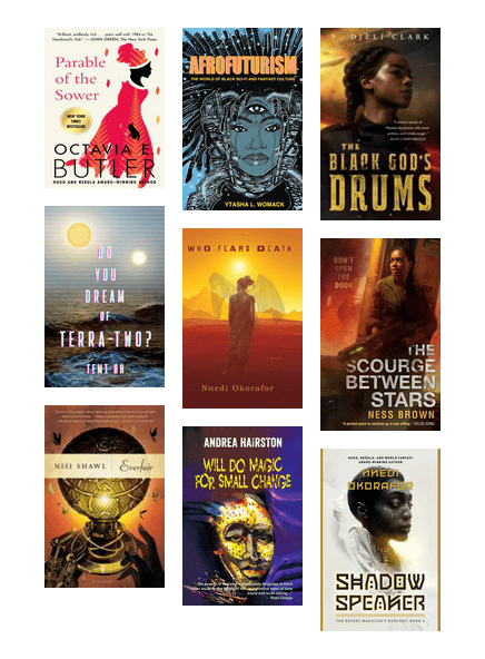 Covers of books looking at the future and alternate realities through a Black cultural lens.