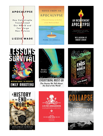 Covers of books about apocalypse and the end of the world.