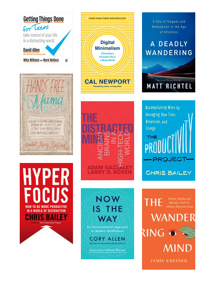 Covers of books with strategies for managing the complexities of life that interfere with our ability to focus.