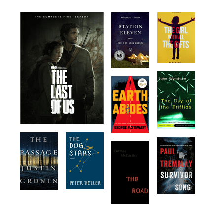 Covers of books with post-apocalyptic stories where survivors journey to survive and thrive in their new worlds.