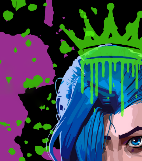 Top of the head of a person with blue hair, arched black eyebrows, and blue eyes. A green crown is spray-painted on top of their hair, and there are sprayed green paint splotches along with bigger purple paint splotches in the background.