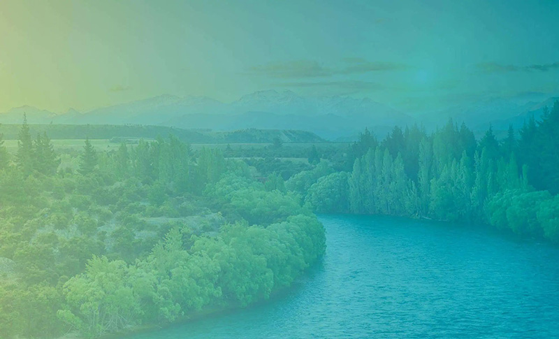 Blue-and-green tinted image of a forest lining a curving river, seen from above.