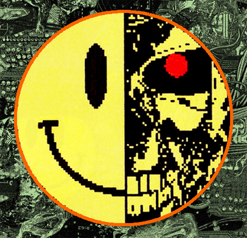 Yellow smiley face icon. The left half is a standard version with a plain line smile and black oval eye. The right half is a skull with a glowing red eye and visible teeth.