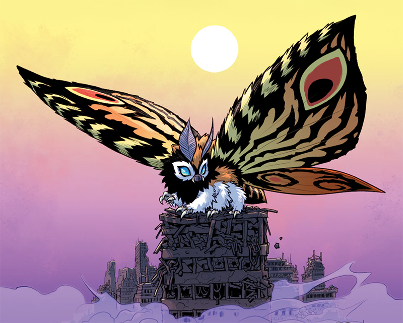 A rather beautiful Mothra, an enormous monster moth with six furry clawed legs, perched on top of a crumbling building.