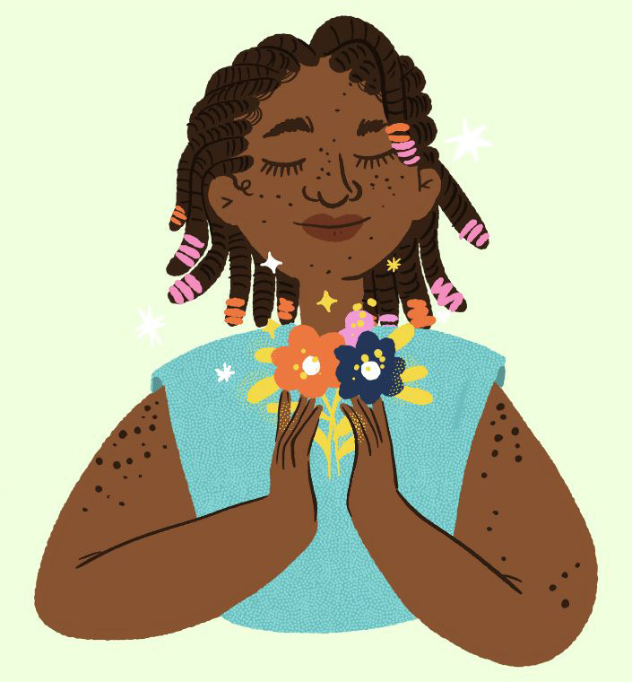 An illustration of a Black woman with closed eyes and a serene expression. She holds her hands up in front of her heart and flowers seem to emerge from them.