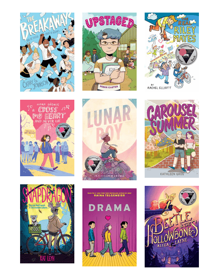 Colorful covers of graphic novels featuring LGBTQ+ themes or characters -- for kids ages 8+!