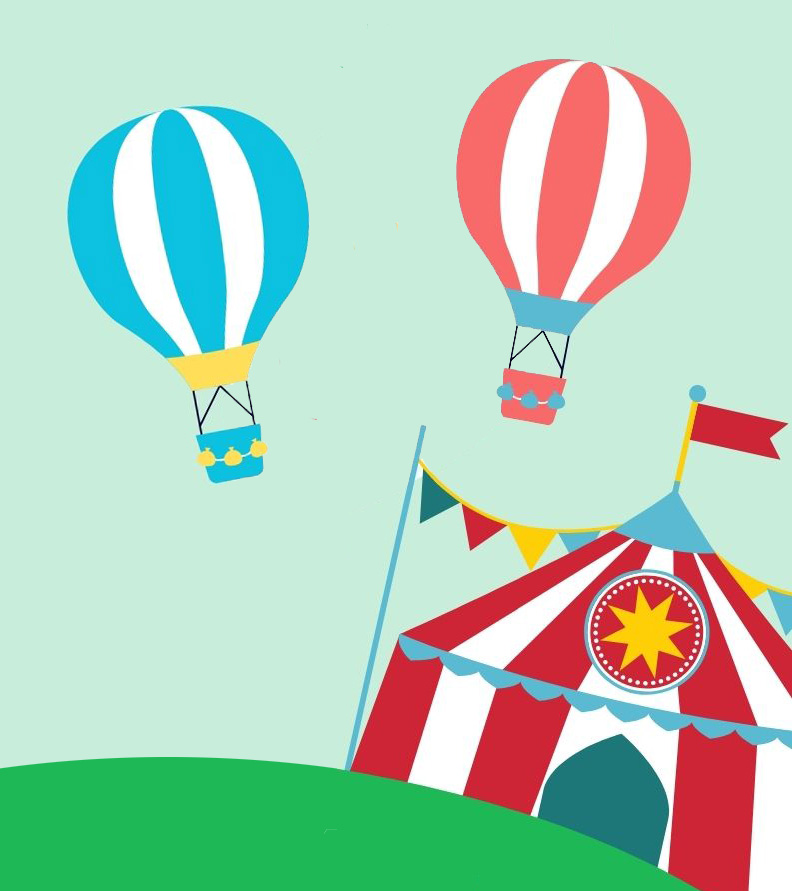 A red-and-white-striped carnival tent with two striped hot air balloons flying overhead.