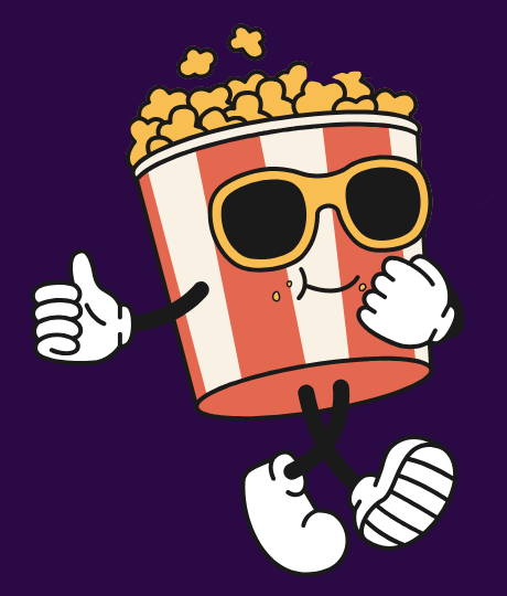 A friendly anthropomorphic popcorn bucket wearing sunglasses and giving a thumbs up... it seems to be eating its own popcorn.