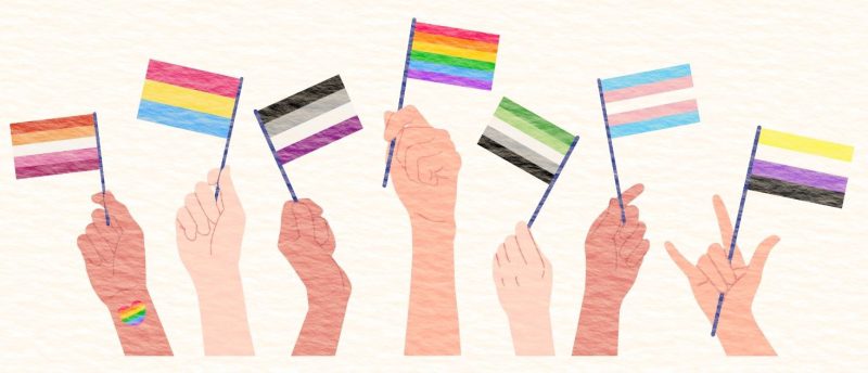 A line of hands holding up various mini pride flags.
