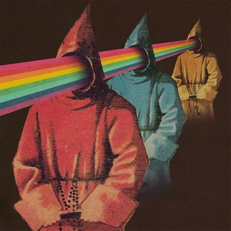 A line of sinister figures in colorful robes (one red, one blue, one yellow) on a dark background. A long ray of rainbow light shoots through the empty space in their hoods where their faces should be.