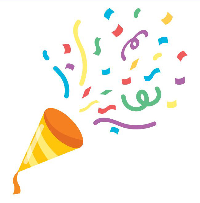 A party horn with rainbow confetti coming out of it.