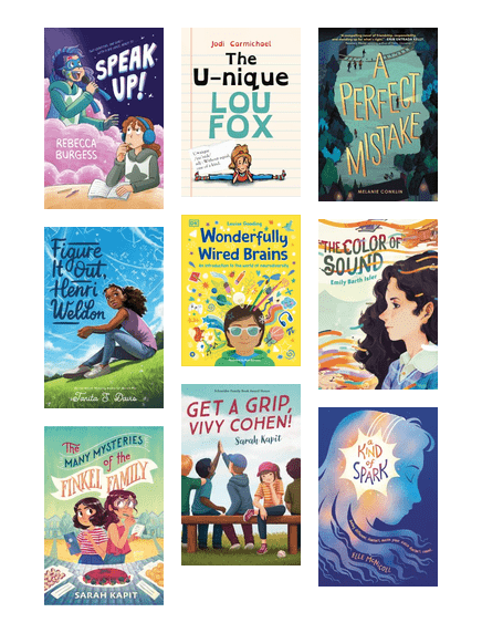 Covers of juvenile fiction, non-fiction, and graphic novels reads about neurodiversity and neurodiverse characters.