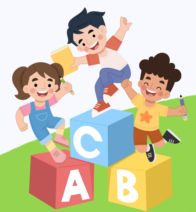Three cartoon kids with different hair and skin colors dancing happily on top of oversized ABC blocks.