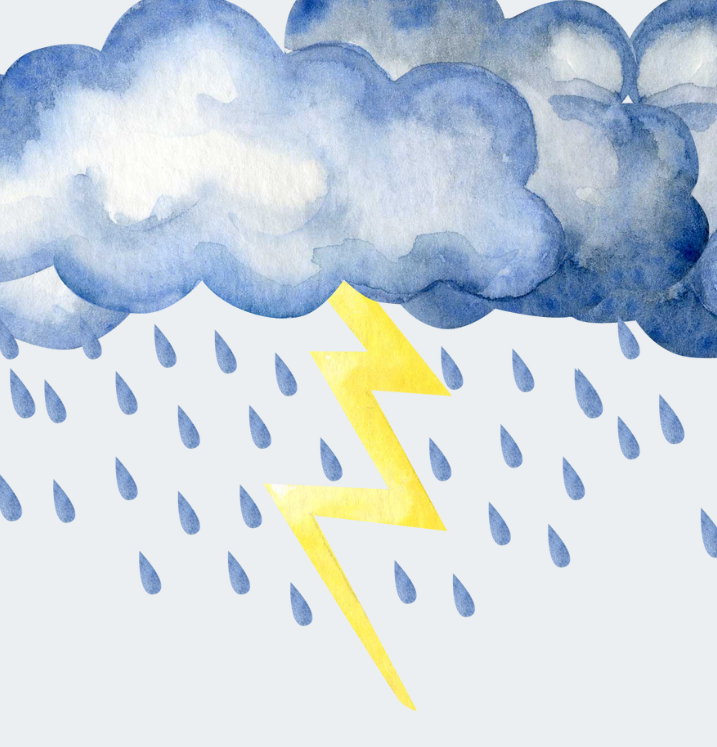 Illustrated thunderclouds with rain and a yellow lightning bolt underneath.