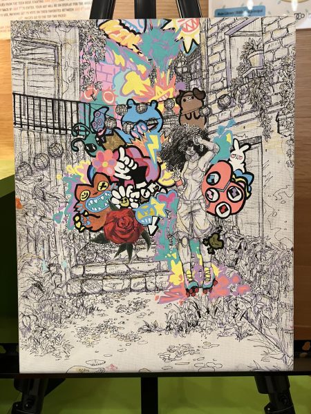 A canvas with an intricate black-and-white line drawing of a young woman wearing roller skates standing in what looks like a space between two apartments or an alley between two walls. A group of colorful cartoon characters pour out of the space behind her.