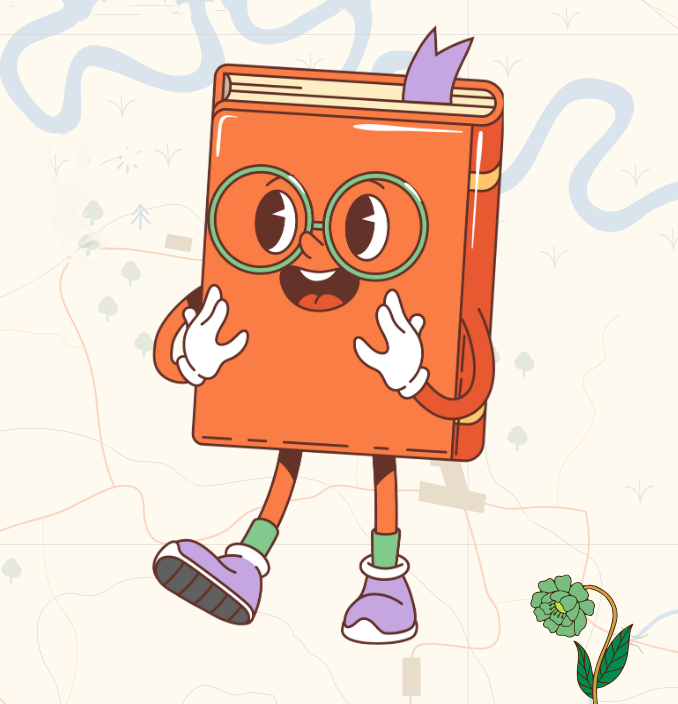 A friendly anthropomorphic book, wearing glasses and sneakers, happily standing on a map with one foot lifted as if poised to start walkin'.
