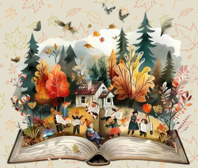 Illustration of an open book with a scene emerging upward from the pages. Little elf-like characters wearing pointy hats frolic in the foreground, holding up what look like more open books. Behind them is a landscape with fall trees, a little cottage, and birds flying among swirling leaves.