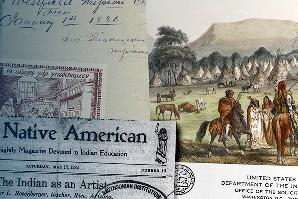 A collage of materials, overlapping or clipped so that only part of each shows. They include a handwritten letter dated 1880; the header of what looks like a newsletter reading "Native American: ... Magazine Devoted to Indian Education," dated May 17, 1924 and with a headline reading "The Indian as an Artist"; letterhead from the United States Department of the (Interior?), Office of the Solicitor General; and a painting of a group of Plains Indigenous people, some on horses and some on foot, in front of a village of teepees.