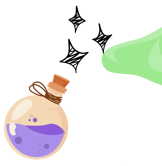 A round flask with a stopper and purple liquid inside. Black stars and green smoke hover over the top.