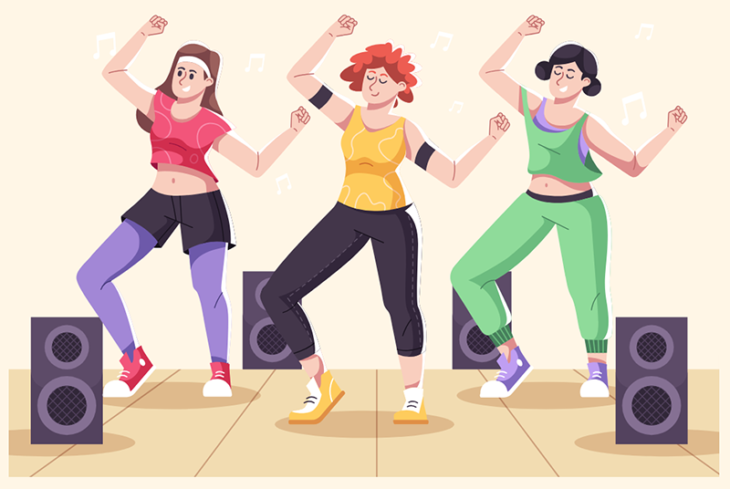 A line of happy-looking cartoon people striking a pose in workout clothes, surrounded by speakers on the floor.